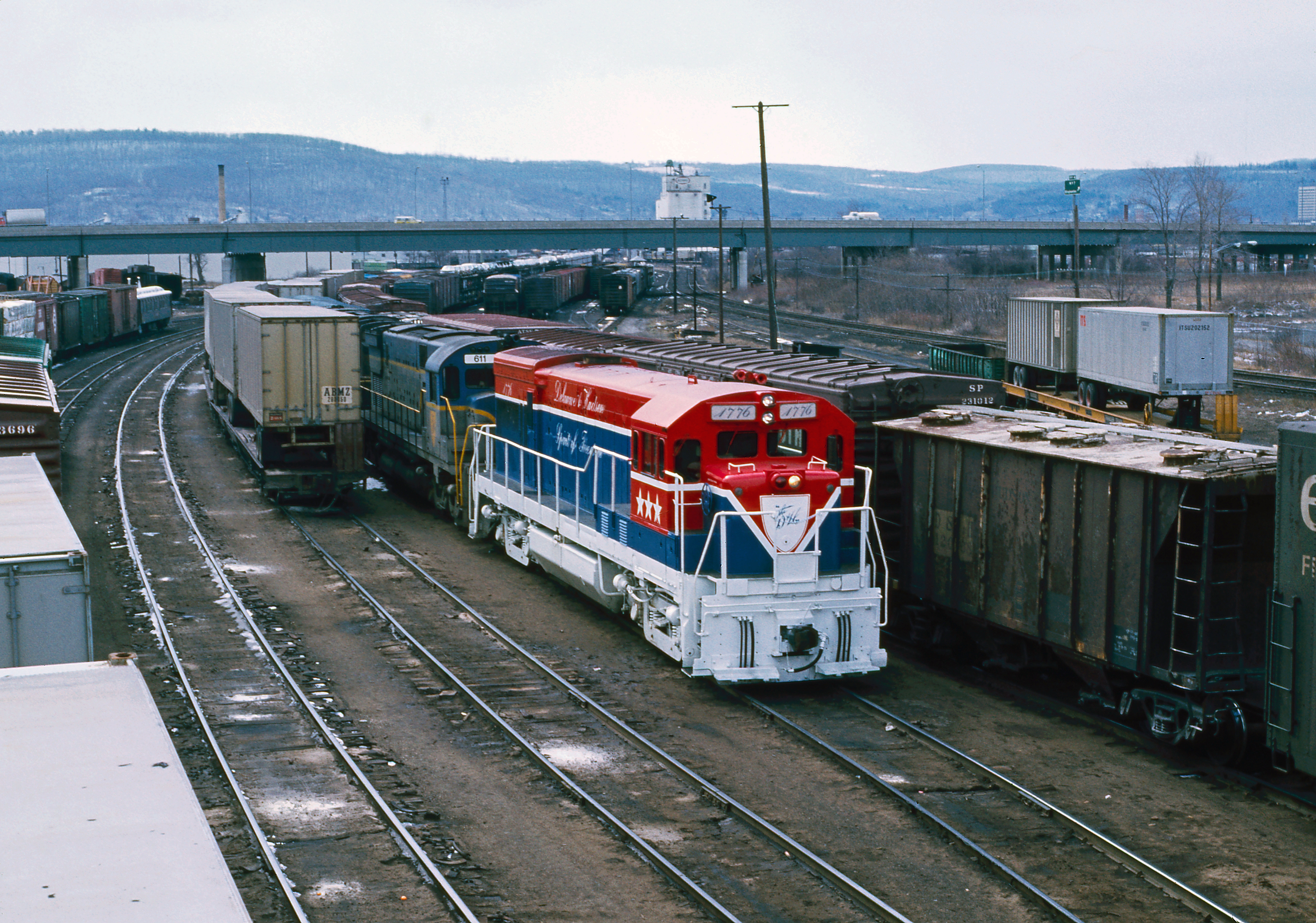 April 8, 1975 D&H northbound #BNW-4 with 1776-611-618 ready to depart Bevier St. yard in Binghamton, N.Y.
