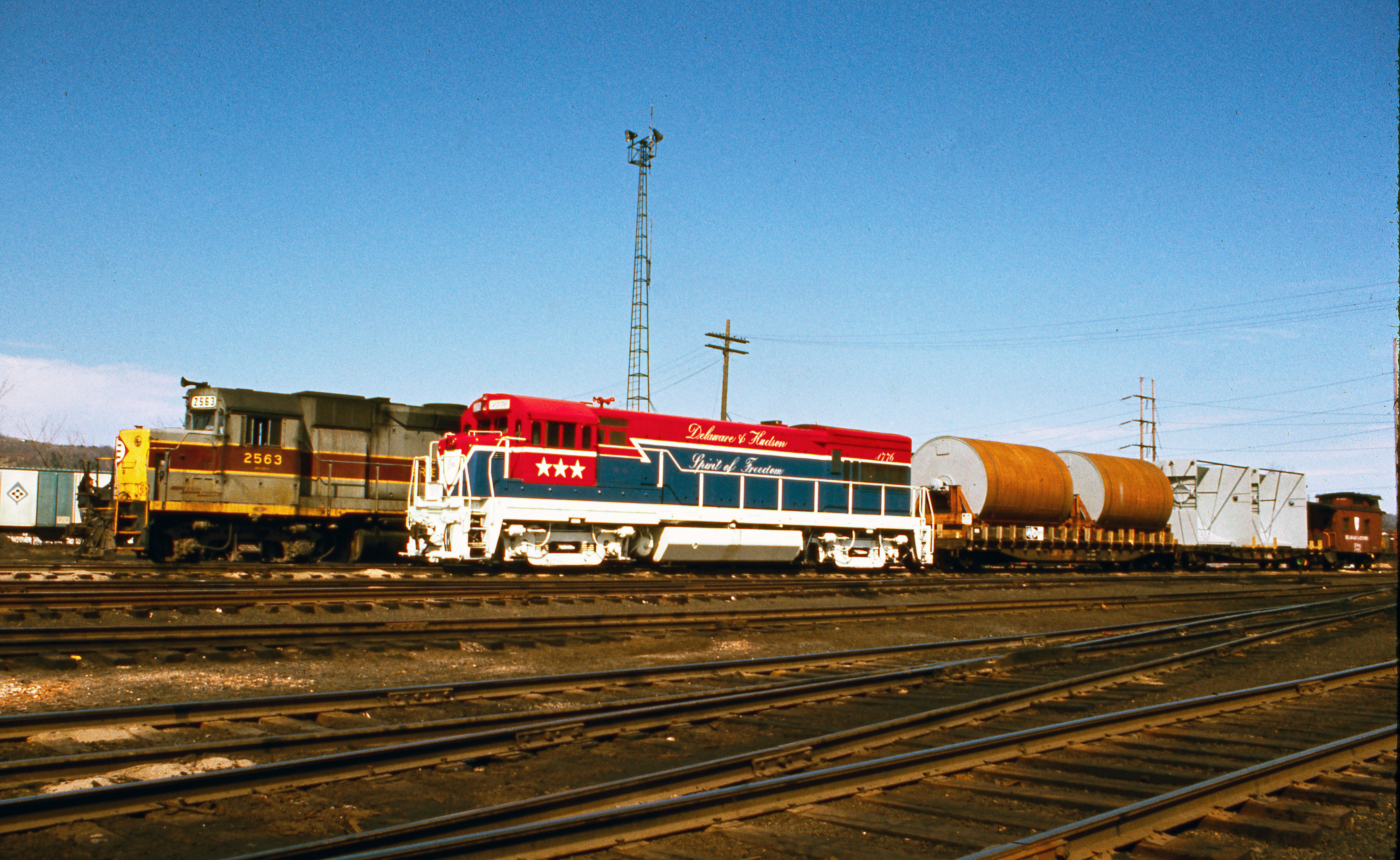 April 10, 1975 D&H #OFX-1 with 1776, a high/wide extra for the Lehigh Valley at Sayre, Pa.    