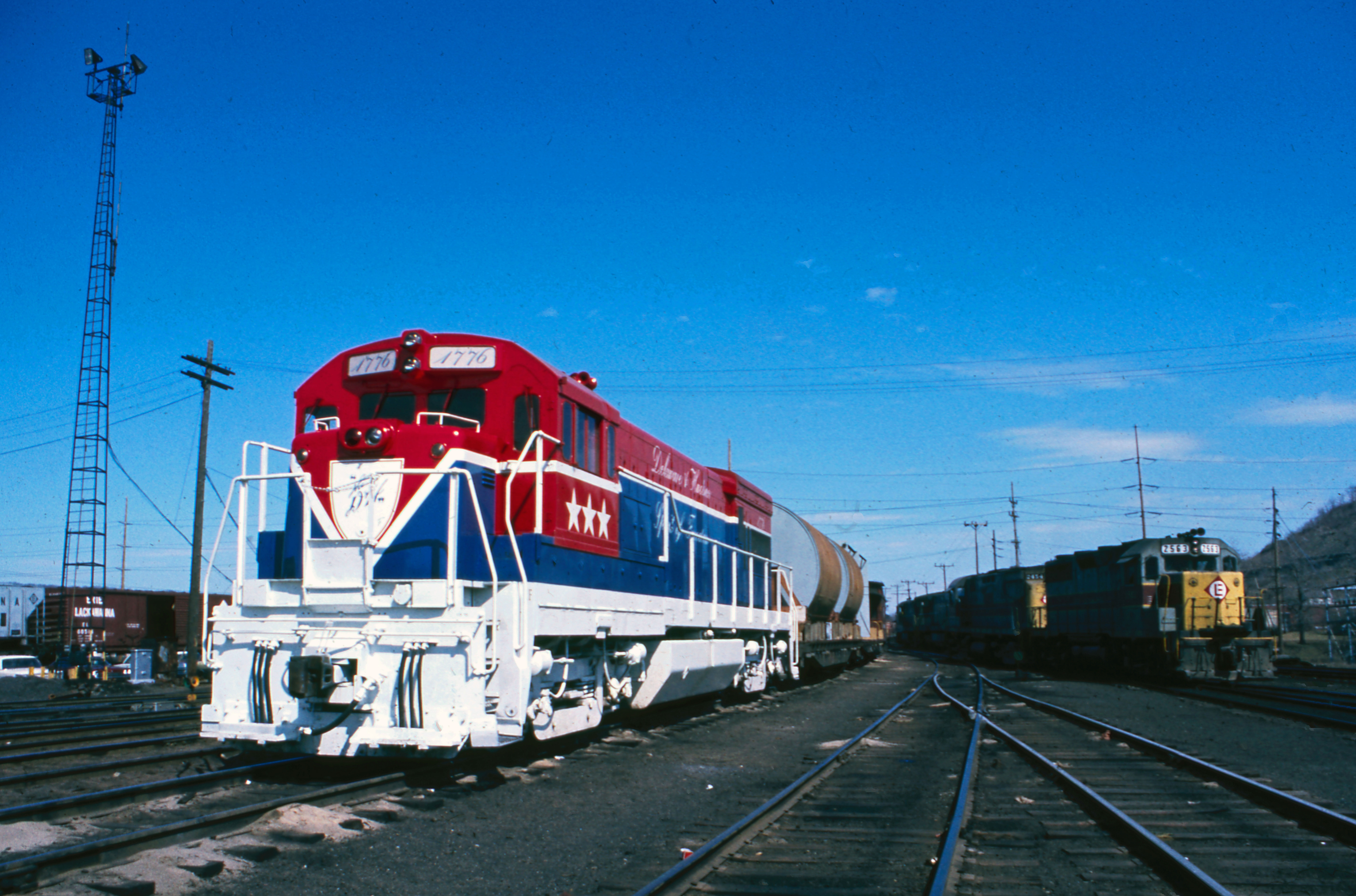 April 10, 1975 D&H #OFX-1 with 1776, a high/wide extra for the Lehigh Valley at Sayre, Pa.  